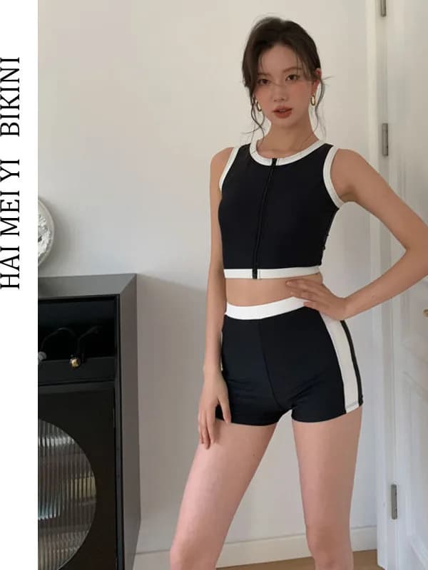 High Waist Bikini Swimsuit Women's Conservative Design Slimming Belly Covering Hot Spring Swimming Wear Nylon Material round ...