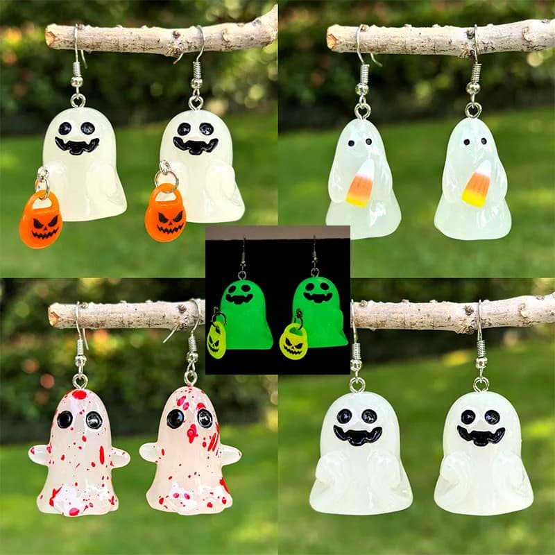 Nuovi orecchini in resina con luce notturna di Halloween Nastro bianco 3D Fantasma di sangue Zucca Orecchini di caramelle di mais Decorazione di Halloween Regalo