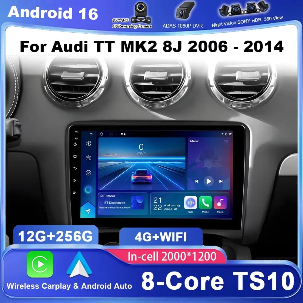 Autoradio Android 16 con lettore DVD per Audi TT MK2 8J 2006 - 2014, sistema multimediale con GPS, navigazione, Carplay, touchscreen 2DIN