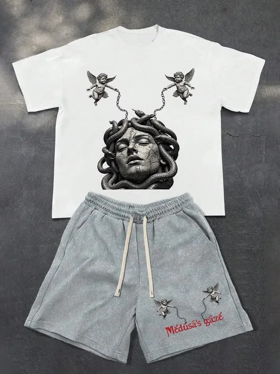 T-shirt da uomo con stampa grafica, girocollo, maniche corte e pantaloncini con coulisse in vita, stile street, estivo