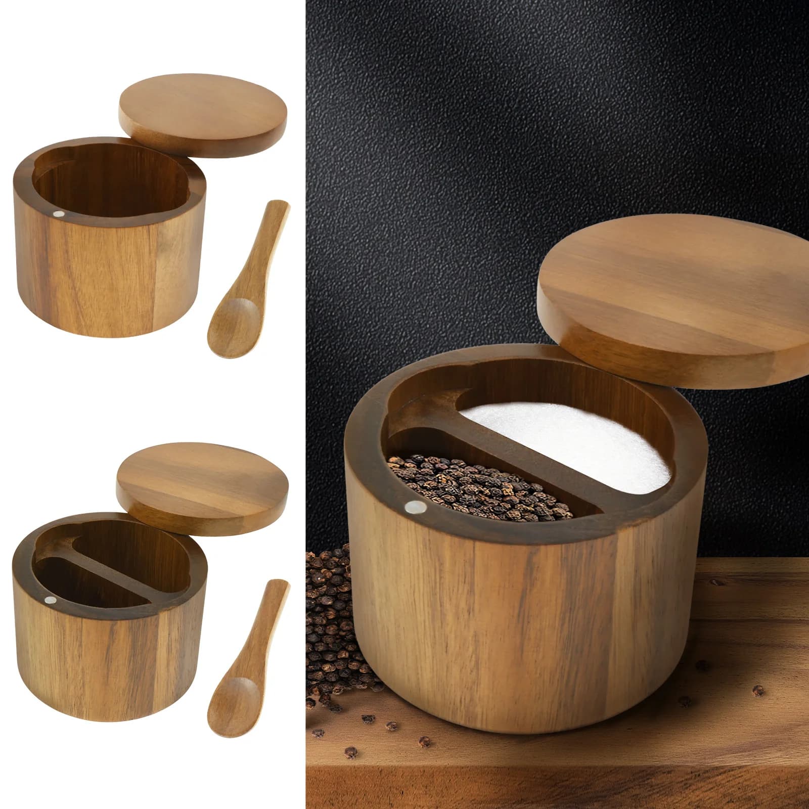 Barattoli per condimenti per sale Barattolo di pepe Scatola per condimenti in legno Ciotola Pentola di stoccaggio con cucchiaio e coperchi girevoli magnetici Cantina per sale per cucina