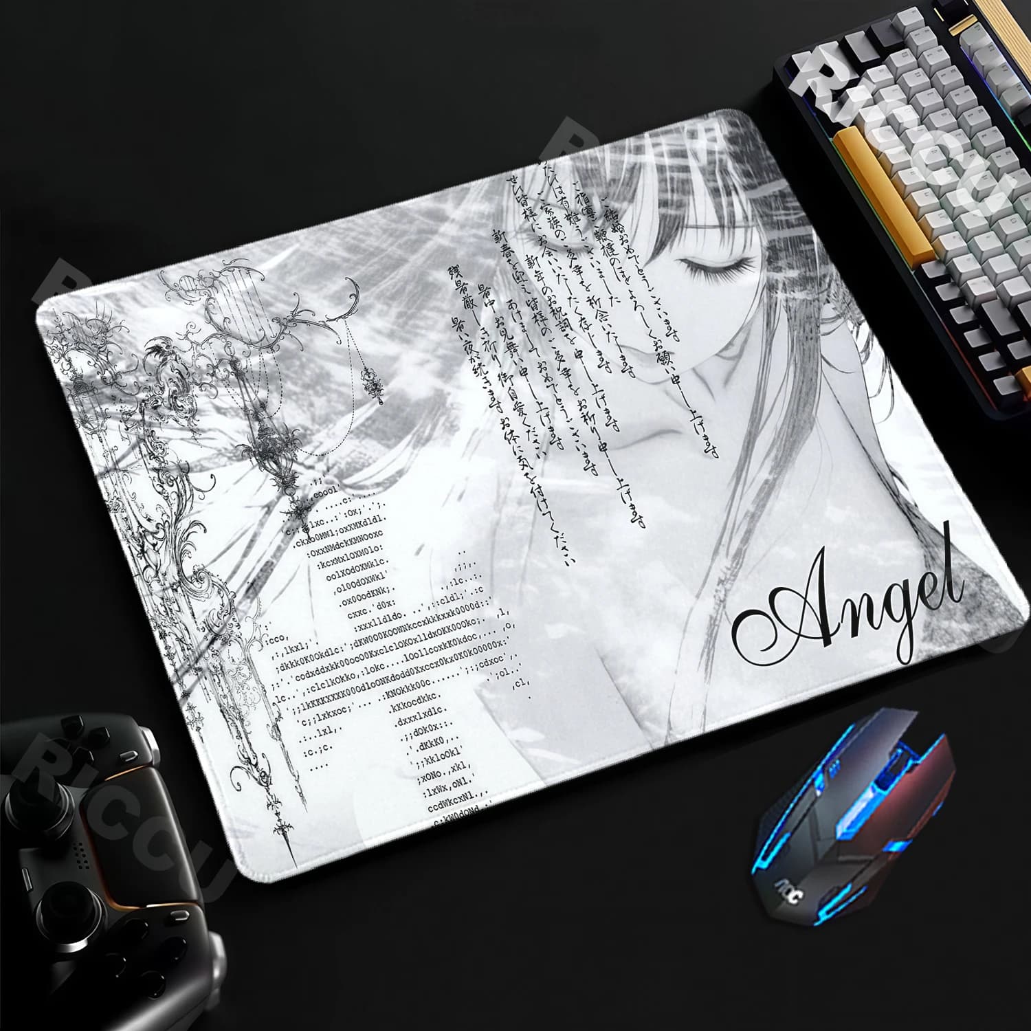 Tappetino per Mouse Estetico Anime in Bianco e Nero, Antiscivolo in Gomma per E-Sports, Tappetino da Gaming per Scrivania, Piccolo Tappetino per Laptop, Decorazione per Tavolo PC