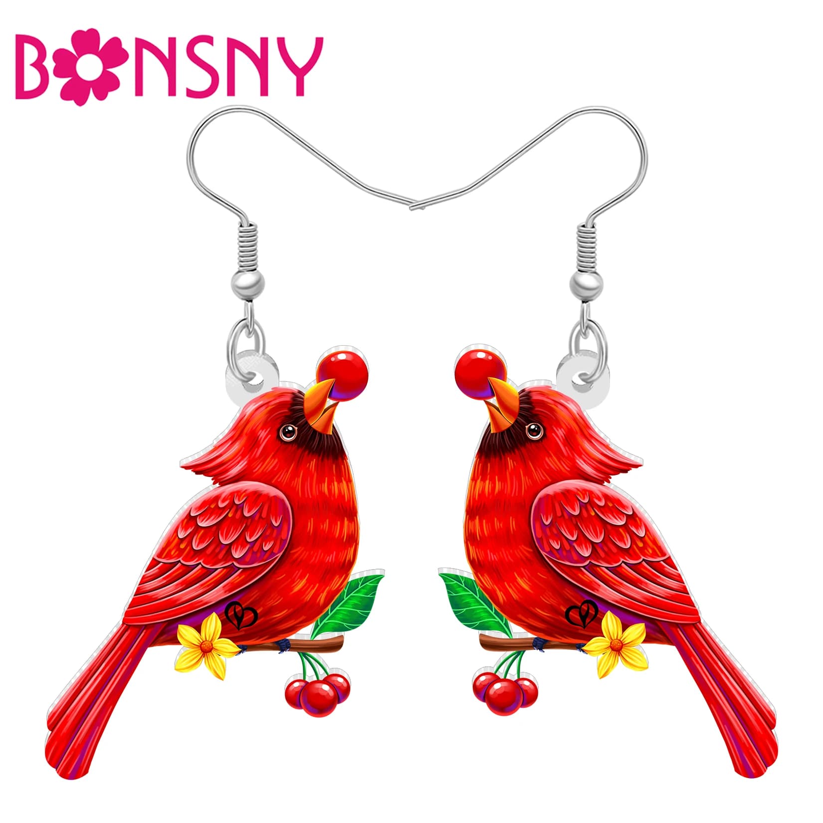 BONSNY Acrylic Lovely Northern Cardinal Earrings Red Birds Animals Dangle Drop Nature Jewelry Bird Gifts for Women Mom Charms