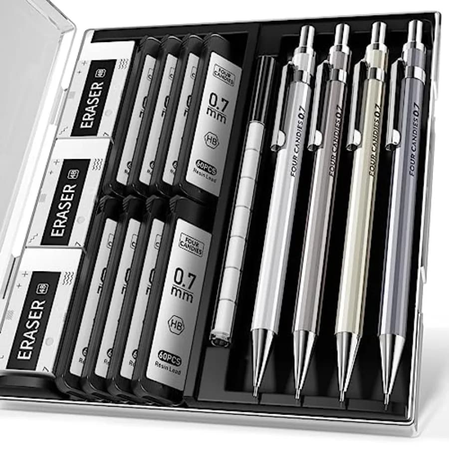 Mechanical Pencil Set with Case - 4PCS Metal Mechanical Pencils, 8 Tubes HB #2 Lead Refills, 3PCS 4B Erasers and 9PCS Eraser Re