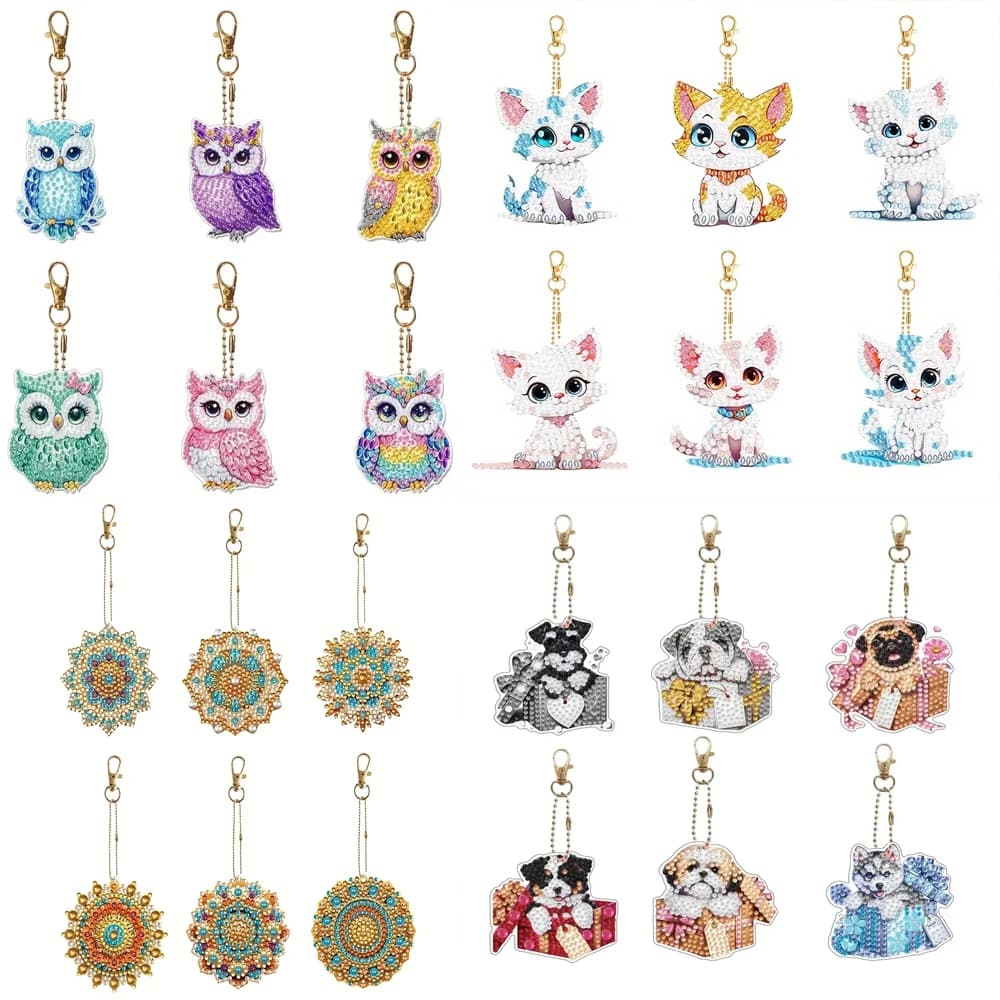 Portachiavi con diamanti fai da te da 6 pezzi/set - Serie di animali con motivo gufo, Decorazione fatta a mano, Materiale set di pittura con diamanti, Mosai fatto a mano