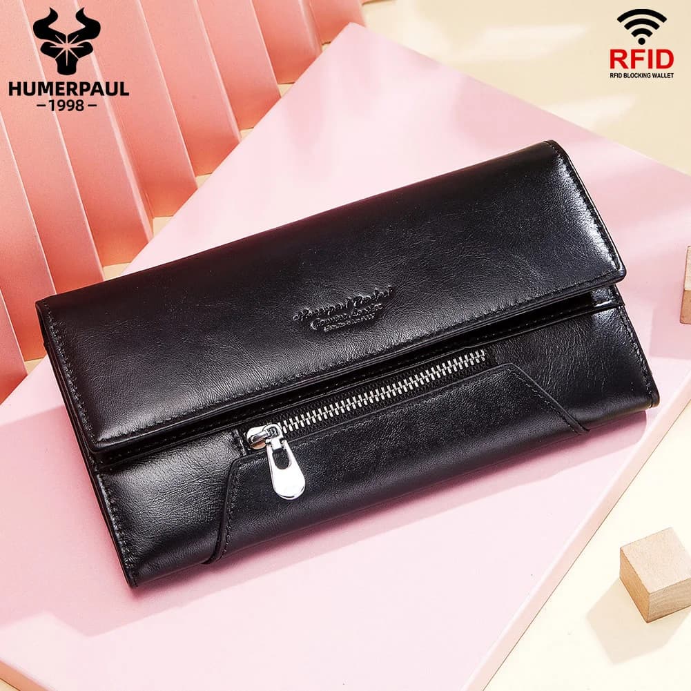 Portafoglio moda HUMERPAUL da donna in vera pelle di vacchetta con pochette lunga per cellulare, borsa per soldi, porta carte di credito RFID