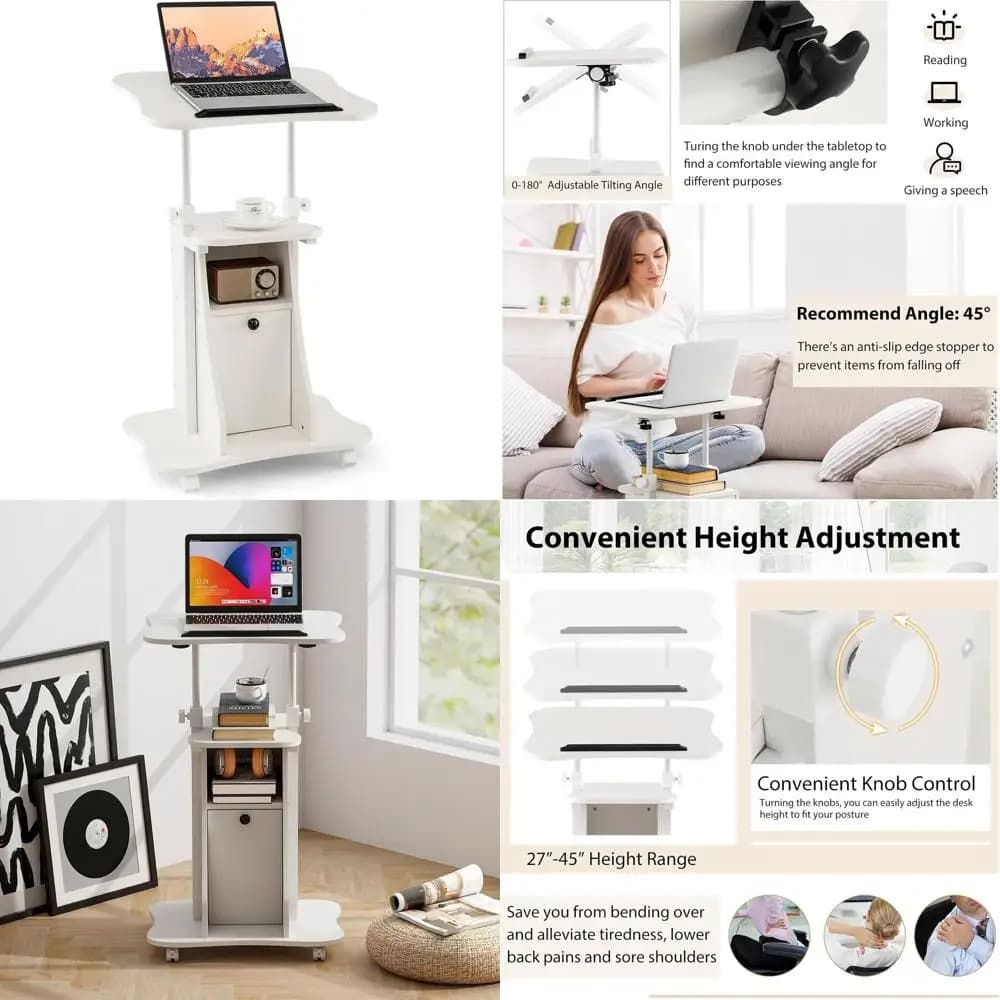 Scrivania Regolabile in Altezza con Armadietto, Carrello Ergonomico per Laptop su Ruote