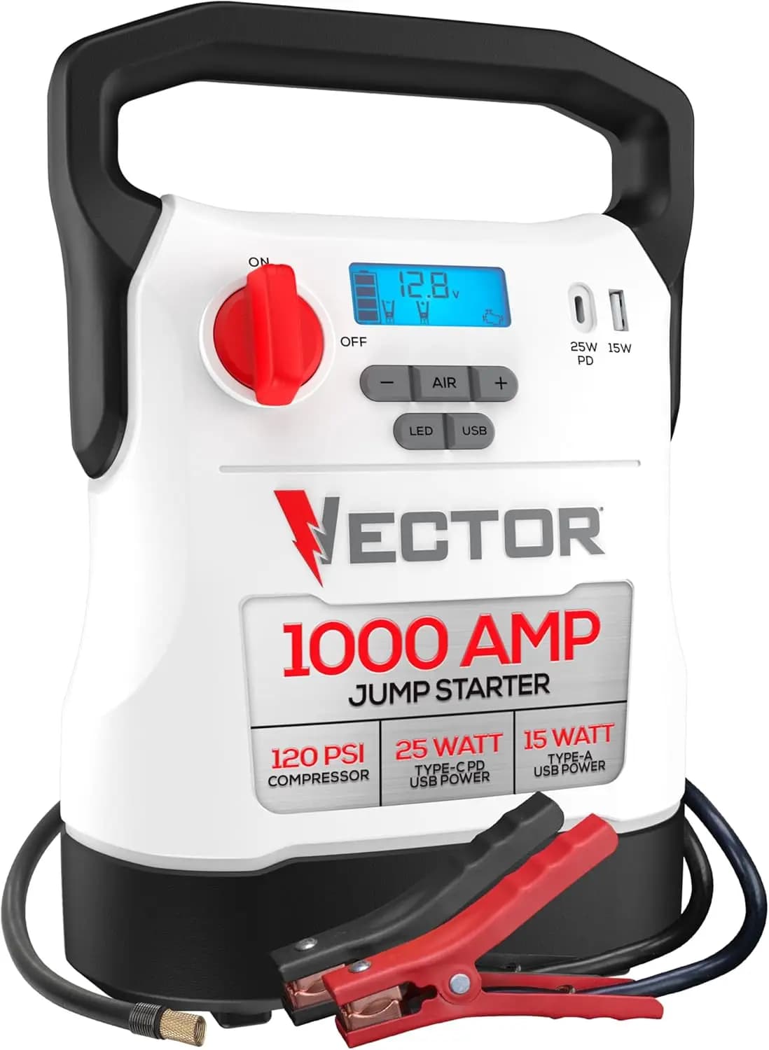 Avviatore di emergenza da 1000 pinze con compressore da 120 PSI, alimentazione USB-C e USB-A