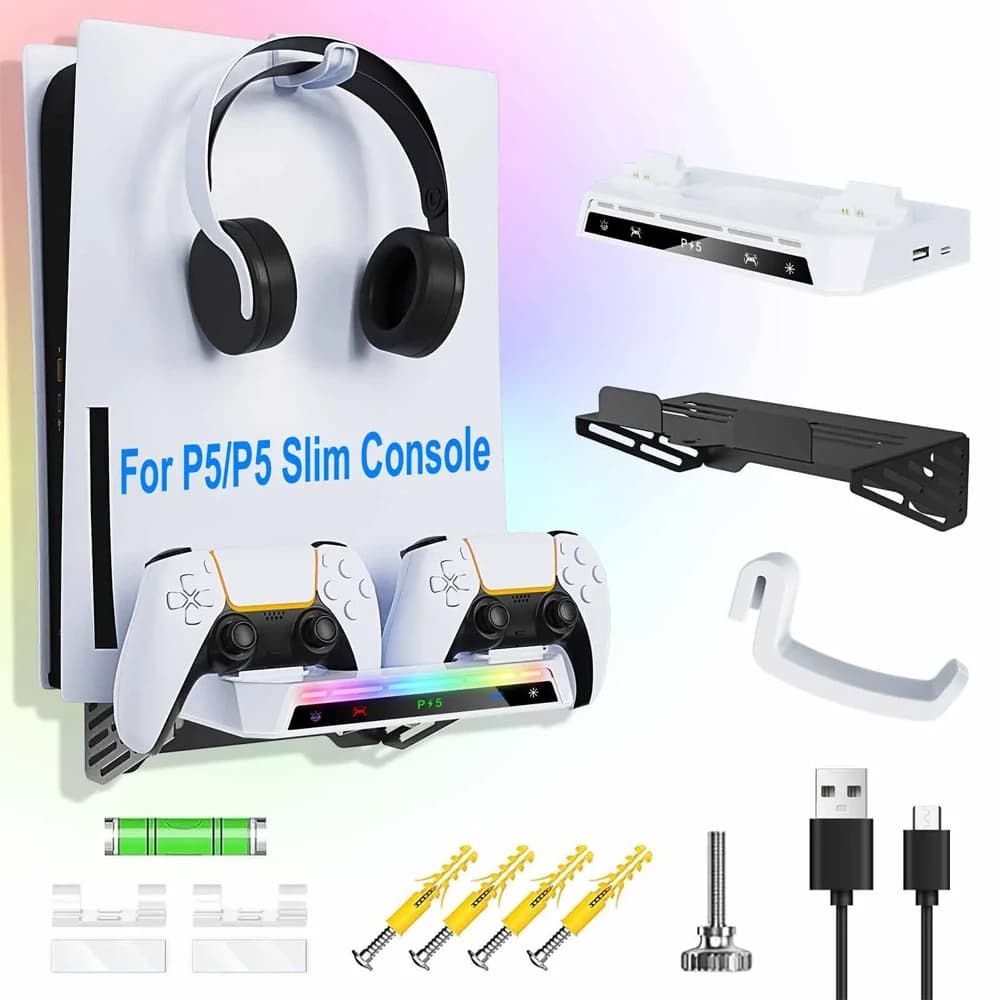 Per PS5/Pro/Slim Console Kit di montaggio a parete con stazione di ricarica con luce RGB Gancio per cuffie per accessori per doppio controller PS5