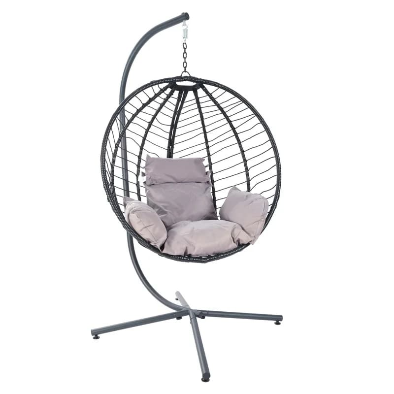 Foldable PE Rattan Hanging Swing Chair with Cushion & Metal Stand for Patio Garden