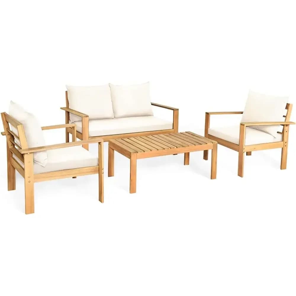4-Piece Outdoor Patio Furniture Set with Cushions, Wooden Sofa Table, Acacia Chairs & Coffee Table for Garden, Backyard, or Pool