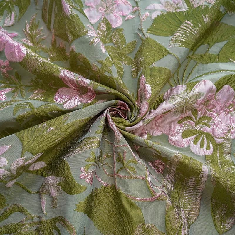 146Cm Wide Cyan Green Gold Thread Pink Flower Relief Pleated Jacquard Fabric Spring Autumn Dress Bouquet Decorative Cloth F185
