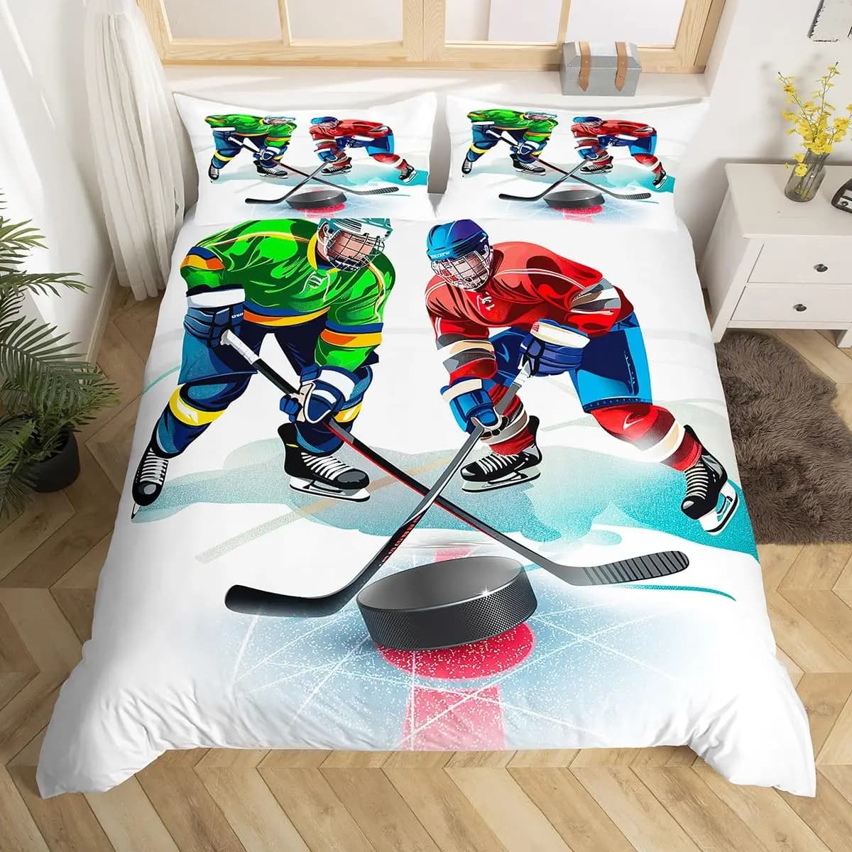 King Queen Hockey Player Hitchback Set Ice Hockey Bedlinen for Kids Winter Games Cover for Teen Sports Events