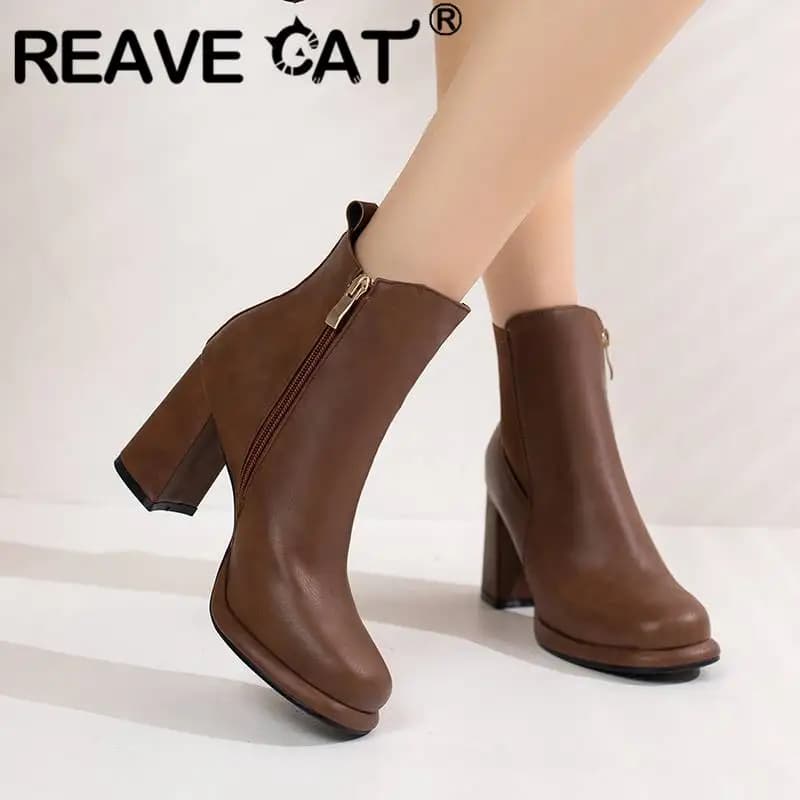 REAVE CAT Womens Short Boots 11cm Chunky Heels 8.5cm Round Toe Splice Big Size 32-48 Platform Shoes Lady S4279