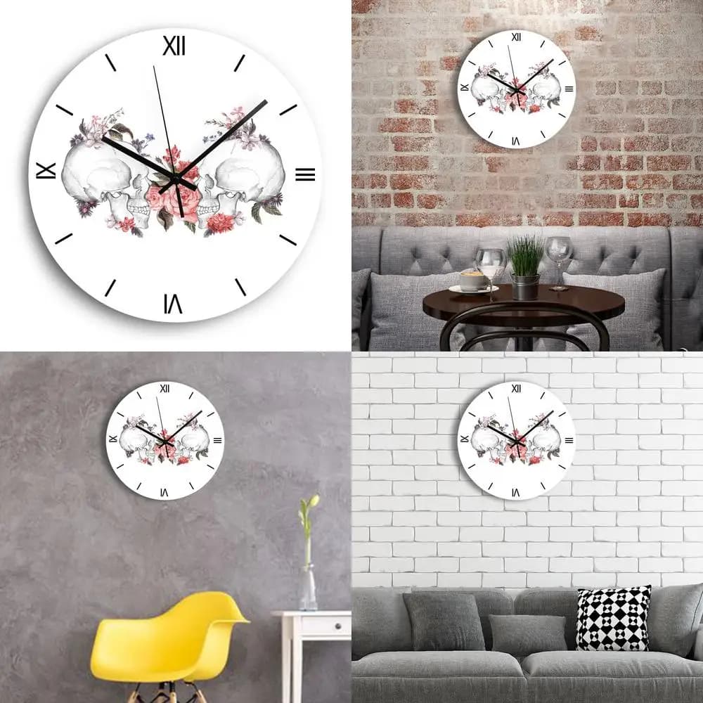 Silent Round Wall Clock with Acrylic Colored Skull Pattern with Roman Numerals Casual Creative Industrial Style