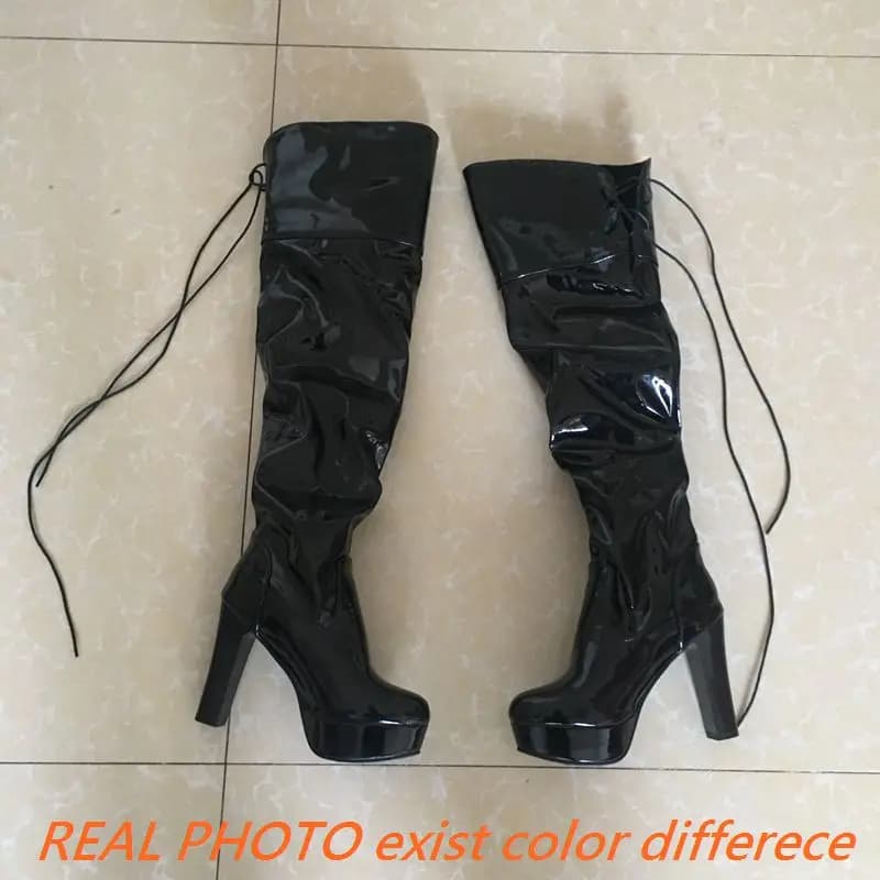 Girseaby Women's Over-the-Knee Boots S2576 55cm High Round Toe Platform Patent Leather Pleated Size 43 Sexy Black Red White