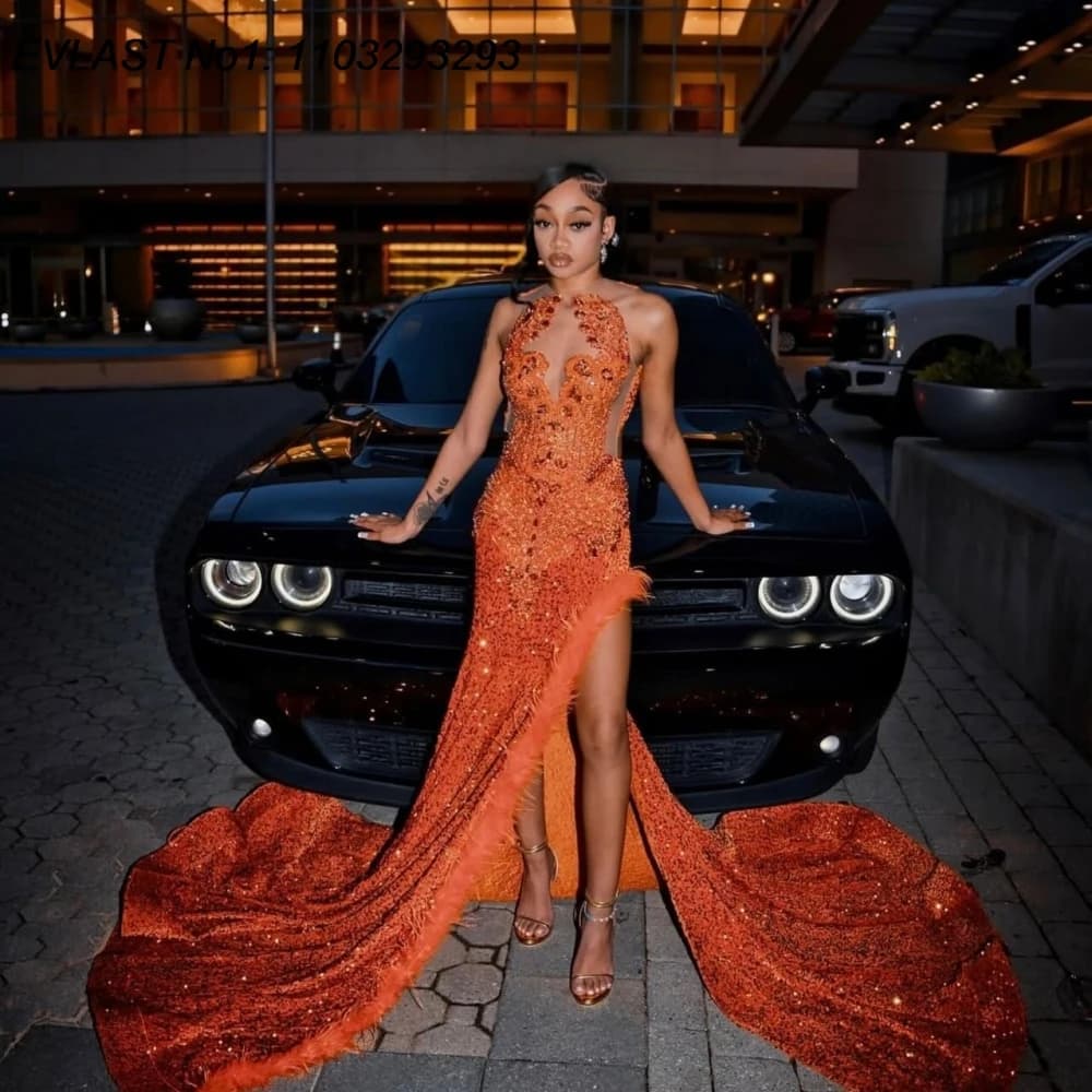 EVLAST Customized Sparkly Orange Sequins Mermaid Prom Dress Aso Ebi Crystal Beaded High Slit Black Girls Party Gala Gown FP51