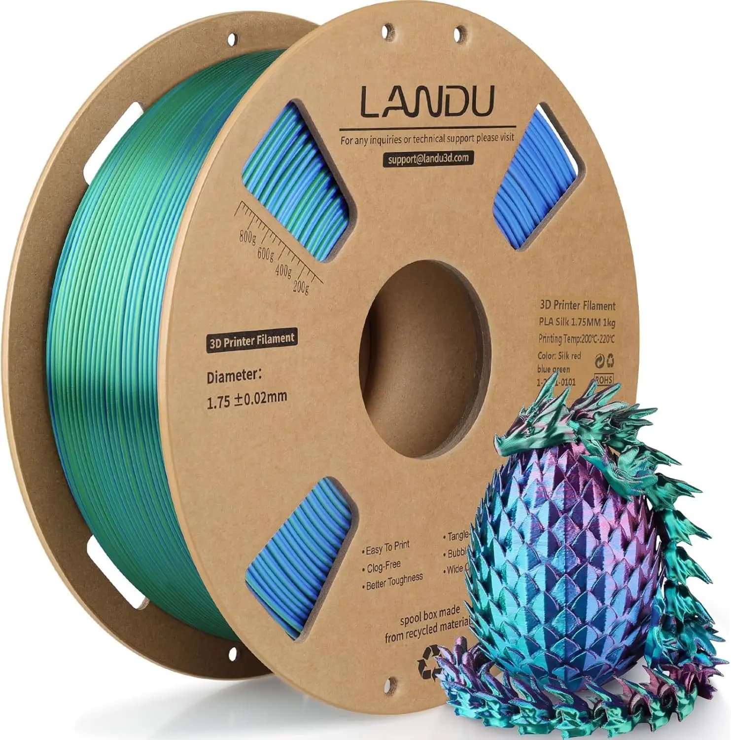 Filament PLA Tricolor Silk 1.75mm, Three Color Rainbow Silk for 3D Printing, Precise Wrap +/-0.02mm