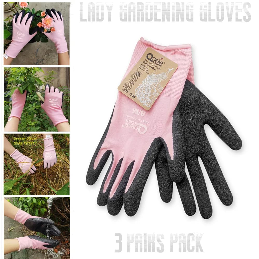 Guanti da lavoro da giardinaggio da donna rosa, palmo in lattice di gomma rivestito, palmo resistente alle spine sporche/piccole piante, destrezza, abrasione, impugnatura