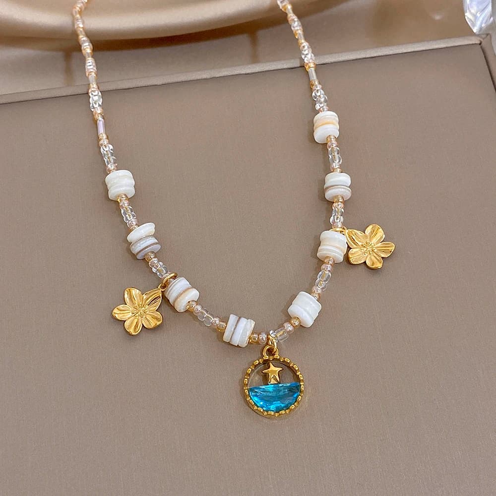 Freetry Boho Blue Zircon Stainless Steel Flower Pendant Necklace for Women Natural Stone Acrylic Seed Beaded Choker Jewelry Gift
