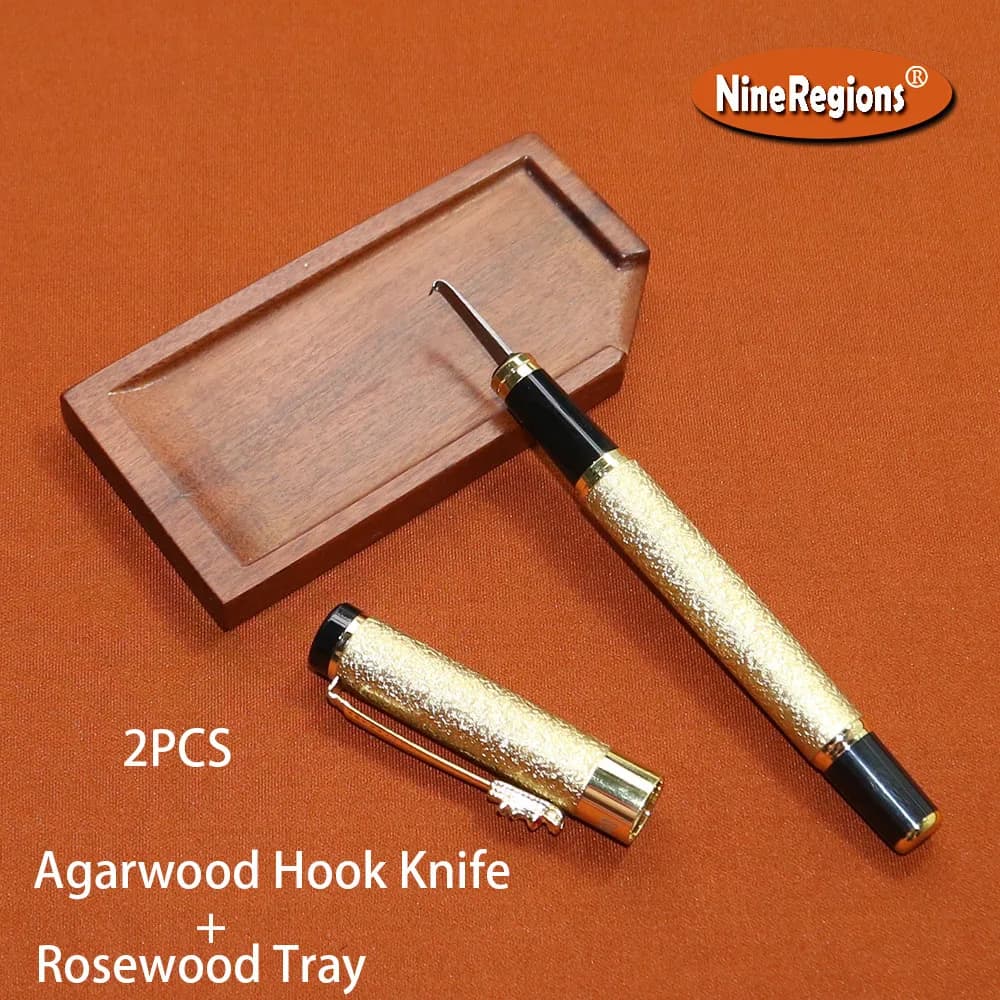 Handmade Agarwood Hook Knife And Wooden Tray oudh Tool scraper shave pen shape Gold-plated incense shaving tool