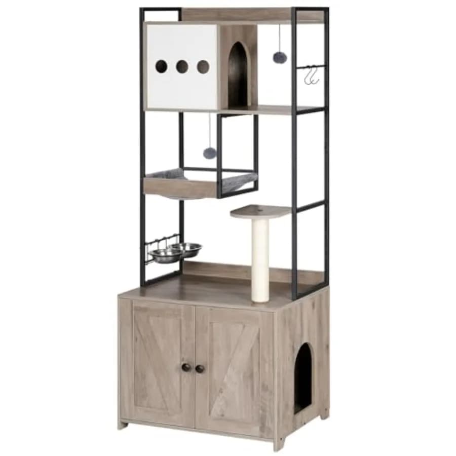 Tiragraffi per Gatti con Box Lettiera Integrato, 149 cm, Arredamento Multifunzionale per Animali Domestici in Grigio-Beige con Tiragraffi, Scaletta, Amaca e Ciotole per Cibo