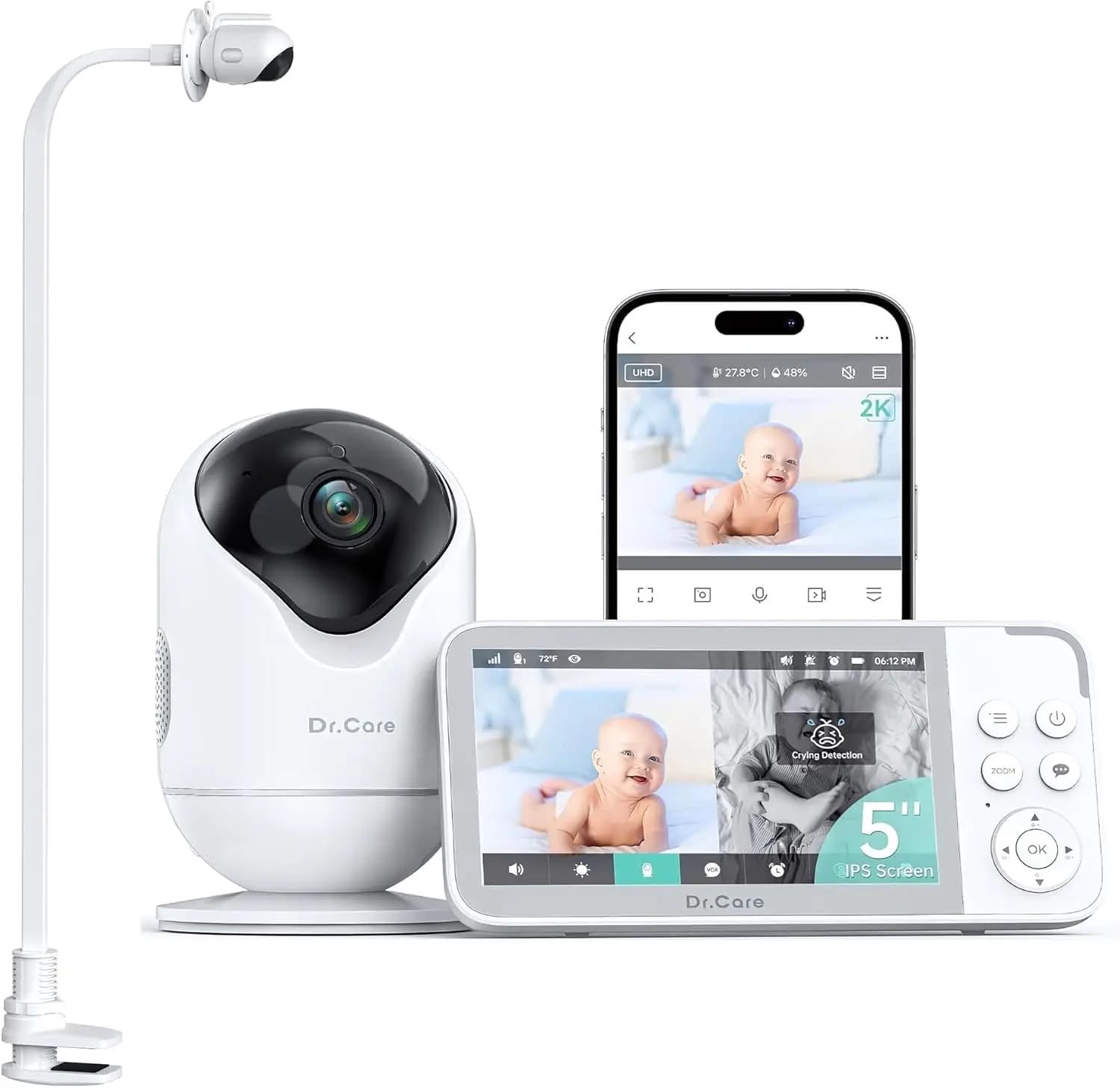 Monitor per Bambini Smart WiFi da 5 Pollici con Clip di Fissaggio - Telecamera HD 2K, Controllo tramite App, Avvisi di Pianto e Movimento, Visione Notturna