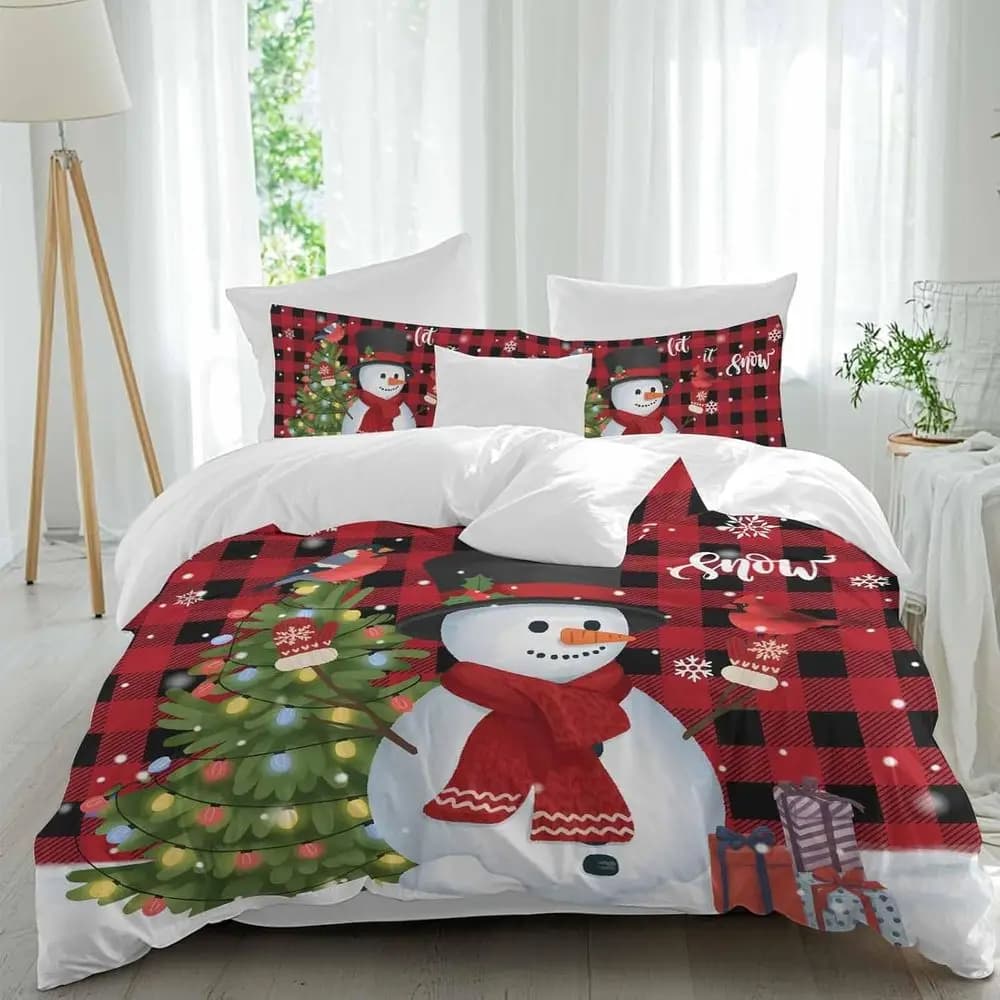 Set di lenzuola Chrisas man, motivo cartone animato con uccelli e albero di Natale, plaid rosso, 4 pezzi, set copripiumino traspirante, biancheria da letto accogliente