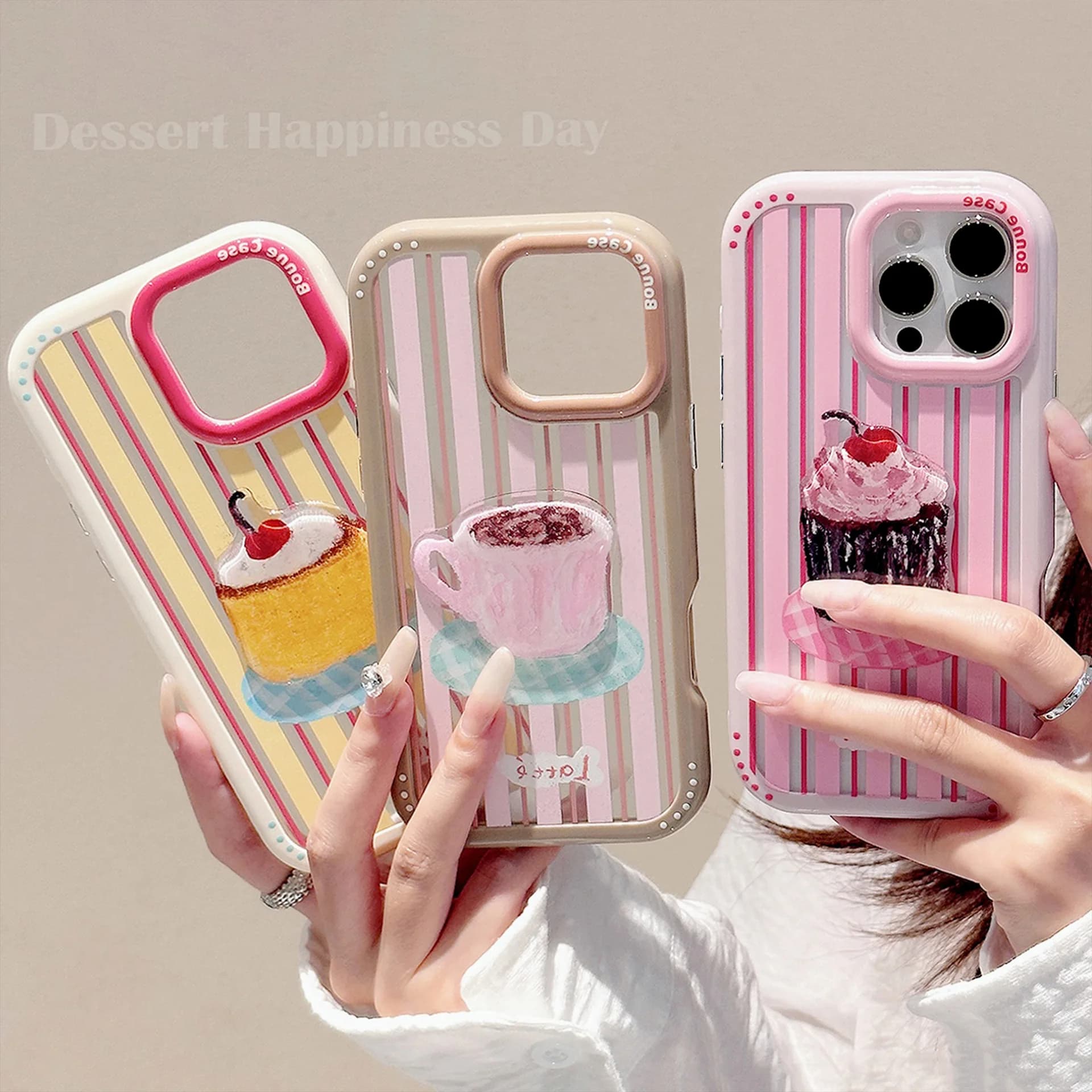3D Korean Striped Cartoon Dessert Cake Phone Case for iPhone 17 16 15 14 13 12 11 Pro Max XS XR Hard Cover Acrylic Shock