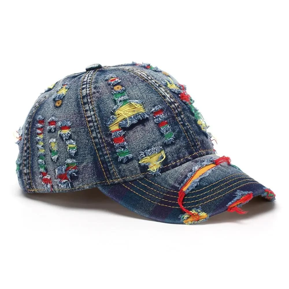 Adjustable Frayed Denim Baseball Cap Sunshade Sunscreen Unisex Retro Peaked Hat Hip-hop Polyester Distressed Colorful Casquette
