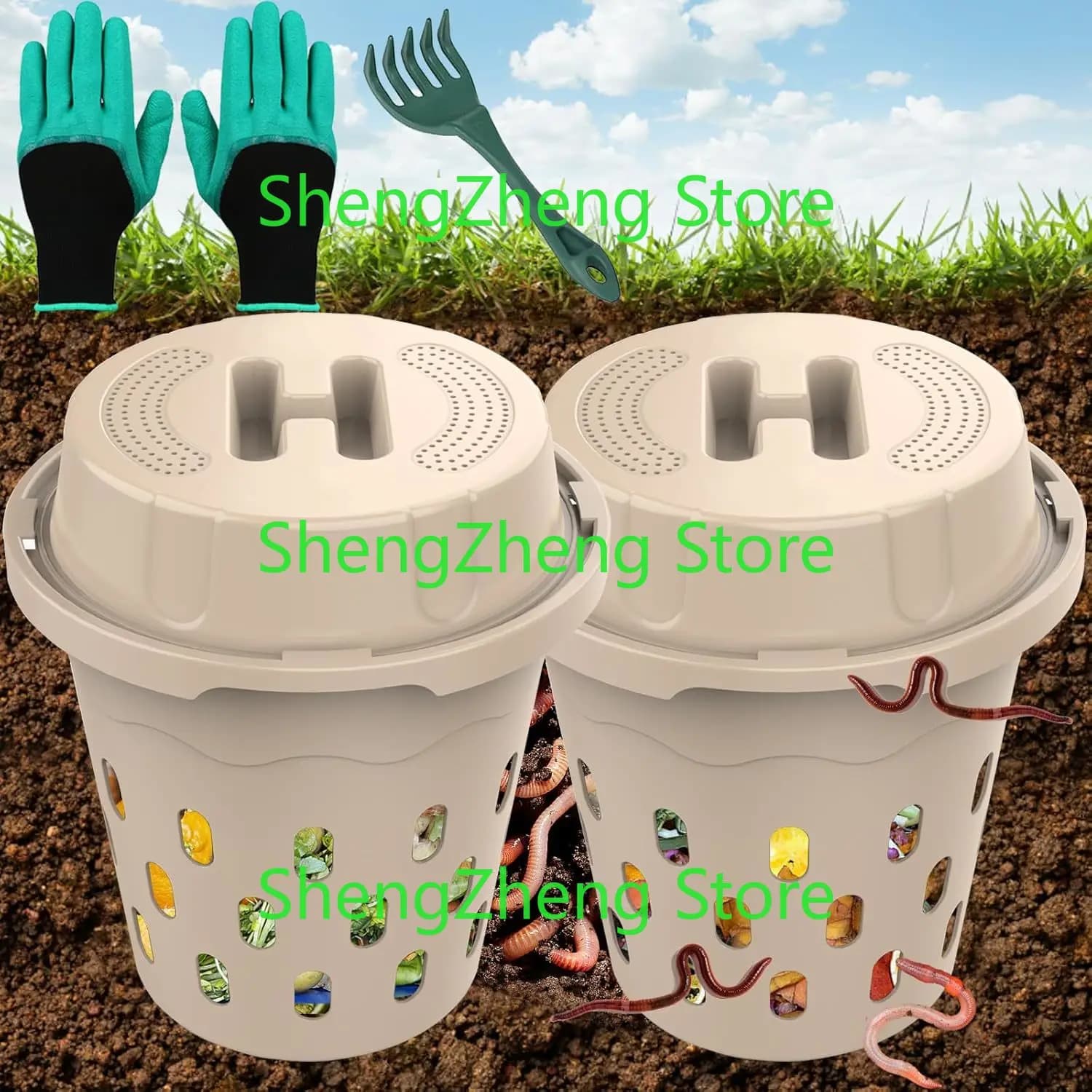 Set di 2 Compostatori per Vermicompostaggio Interrato, Contenitore per Compost con Vermi per Giardino e Uso Domestico, Ideale per Principianti