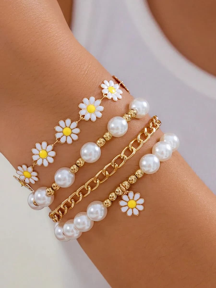 4pcs Bohemian Style Flower And Faux Pearl Bracelets Set For Women