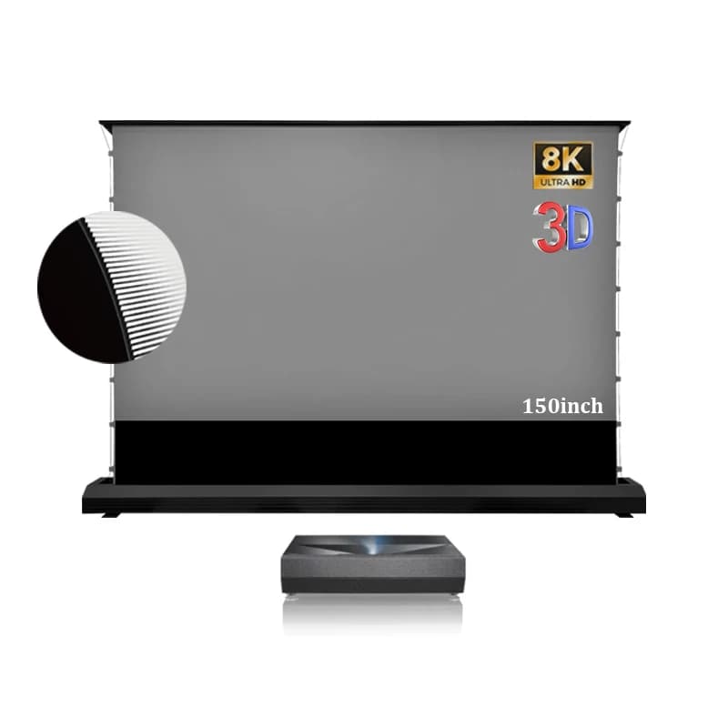 Schermo elettrico avvolgibile da pavimento Haig Pet Crystal UST 4K, proiettore laser a ottica ultra corta con riduzione della luce ambientale.