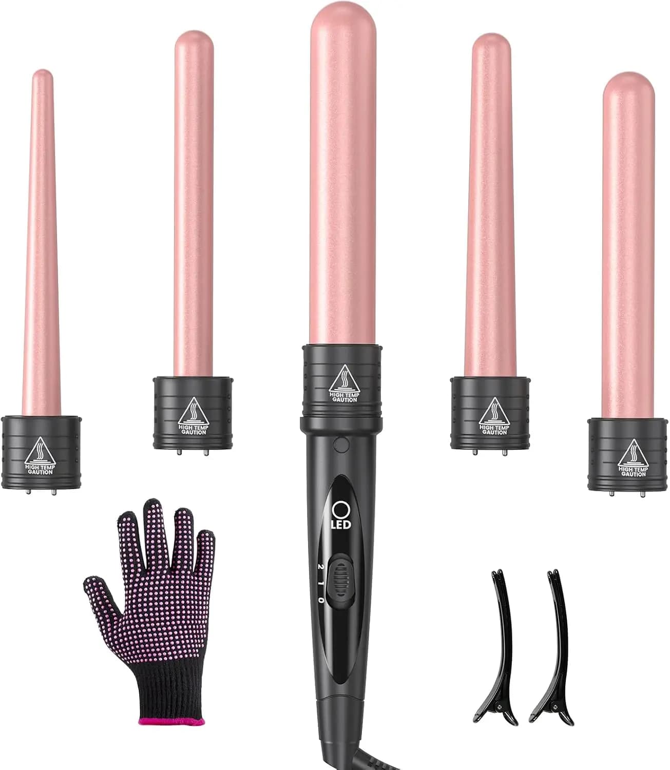 5-in-1 Curling Iron Set, Interchangeable Ceramic Barrels 0.35-1.25 Inch, Dual Voltage, Heat Glove & Clips, Rose Gold