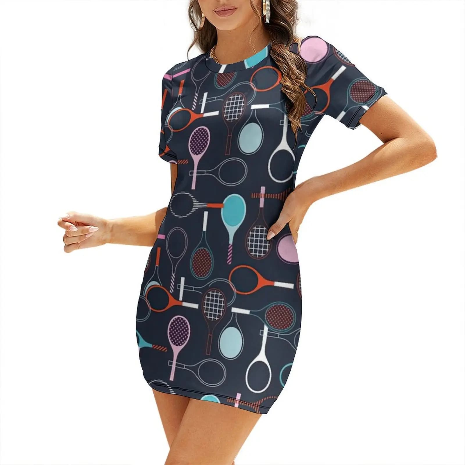 Abito da tennis con racchetta e palla, abito da sera a maniche corte, abito da donna, abiti da festa, abito di compleanno, abiti per donna