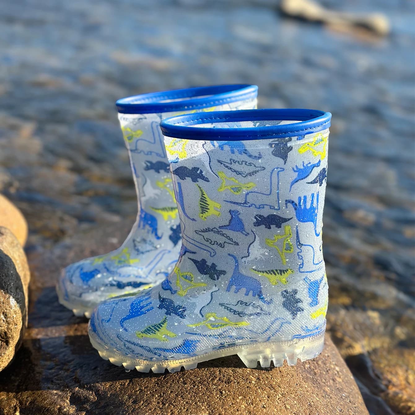 PVC Rain Boots Glitter Dinosaur Grey Cartoon Cute Outdoor Kids-Waterproof Water Shoe Resistant Wear, Easy By Cle