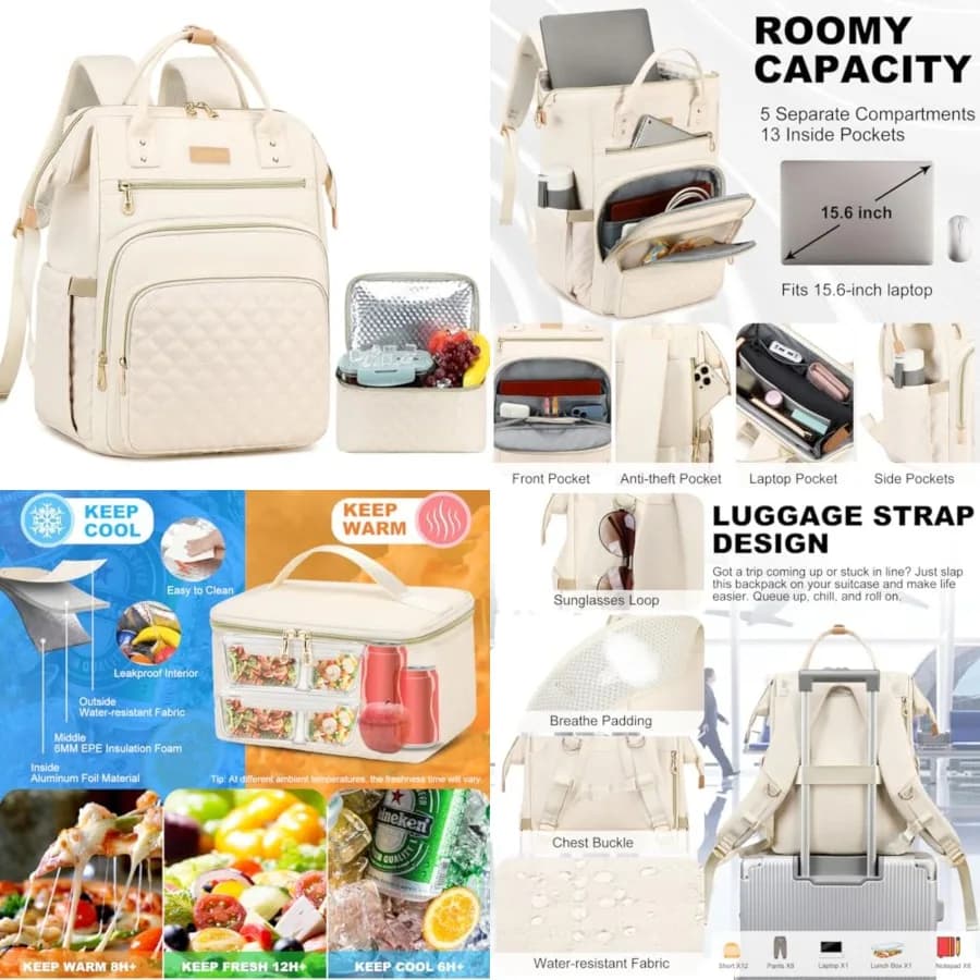 Zaino per il pranzo da donna, zaino per laptop da 15,6 pollici con borsa termica staccabile, 2 in 1, resistente all'acqua, per il lavoro