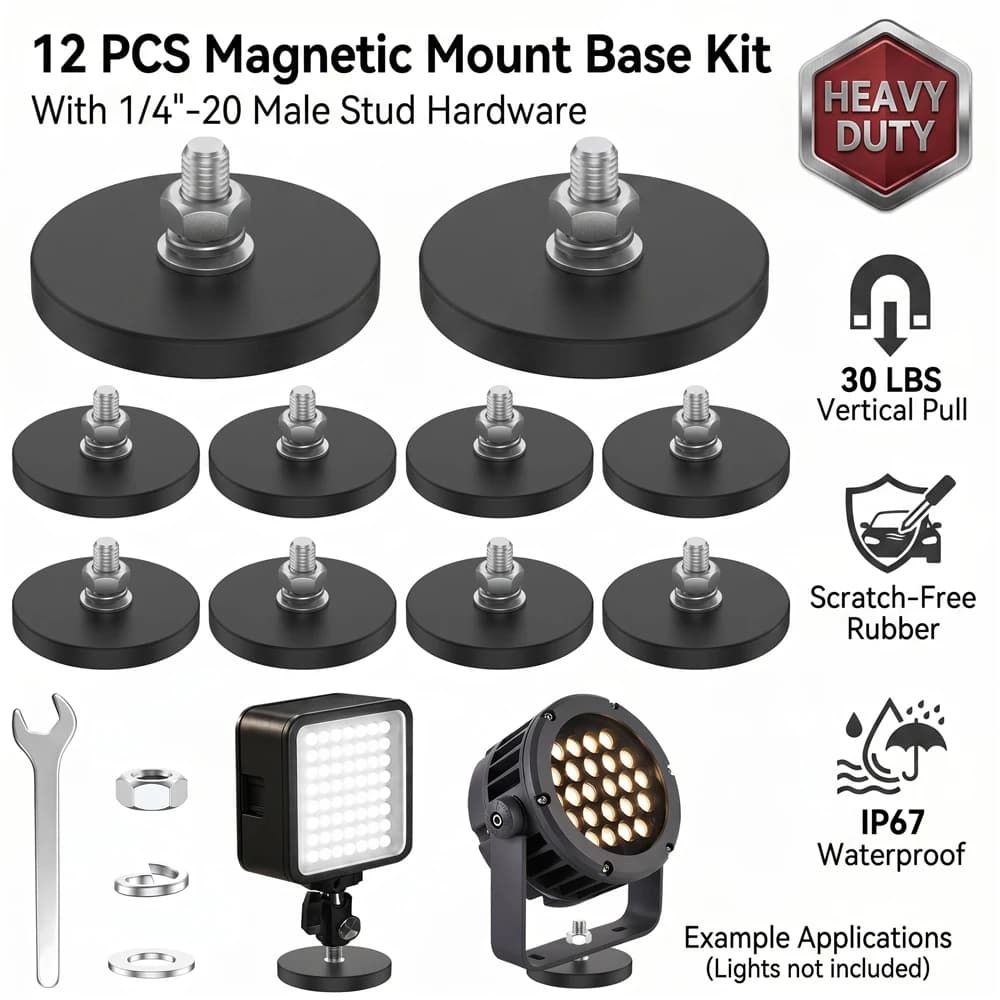 12Pcs 1/4 Magnetic Mount Base Rubber Coated Pot Magnet 30lbs HeavyDuty Anti Scratch Holding Stud for Offroad LED Light BarCamera