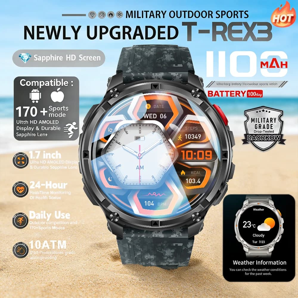 Nuovo Smartwatch Sportivo da Esterno 2026 per Uomo con Torcia, Batteria da 1100mAh, Chiamate Bluetooth, Impermeabile e Resistente
