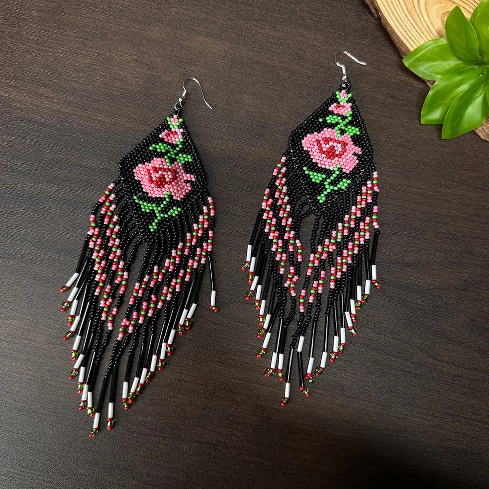 Handmade Flower Earrings for Women Long Fringe Dangle Beaded Hook Earrings Bohemian Vintage Glass Beads and Seed Beads Jewelry