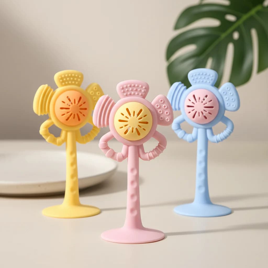 Giocattolo a ventosa con fiore in silicone, 1 pezzo. Sonaglio e massaggiagengive sensoriale per neonati. Senza BPA, sicuro e perfetto per le capacità motorie fini.