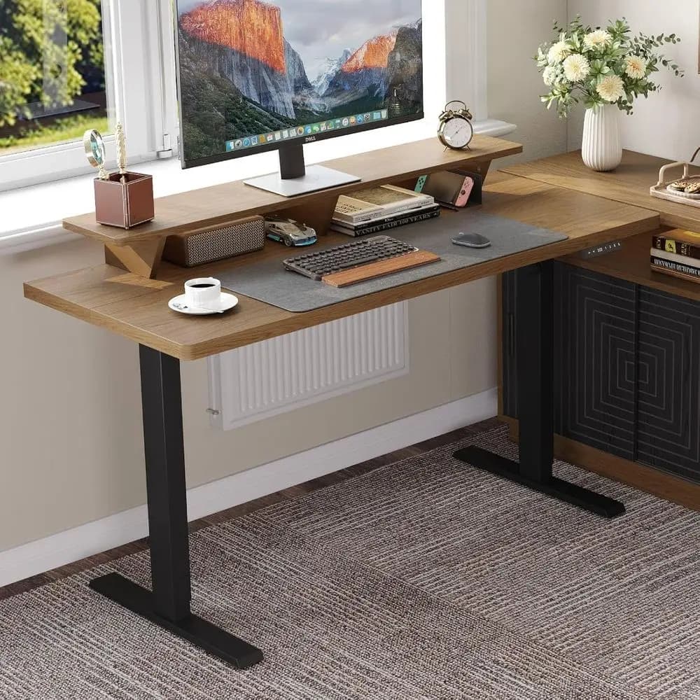 63 x 24 Electric Standing Desk with Adjustable Monitor Shelf, Height Range 28-46, Oak Brown