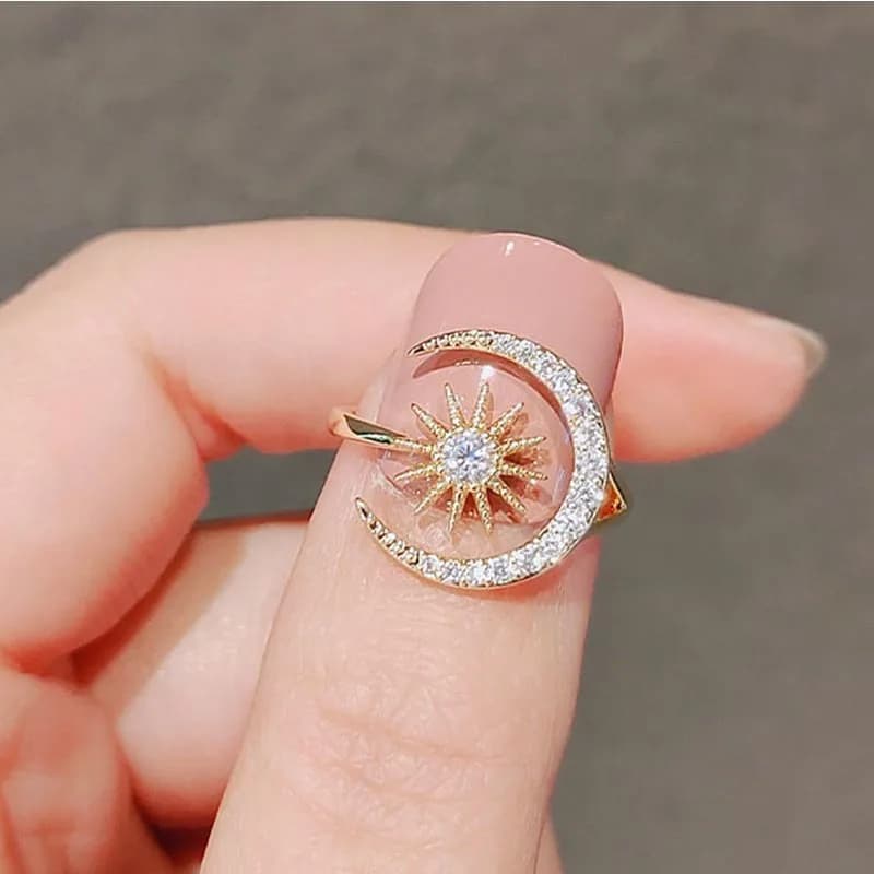 Anello Sole e Luna Regolabile di Lusso Leggero, Design Aperto con Zirconia Sintetica, Anello Semplice e alla Moda per Dito Indice
