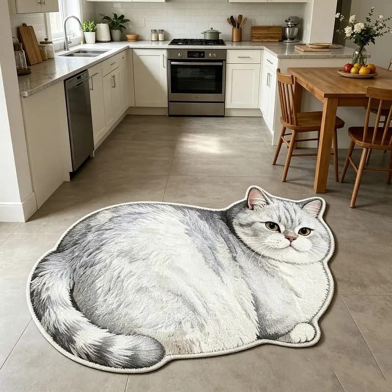 VIKAMA Silver Gradient Chubby Cat Shaped Plush Carpet Foyer Bathroom Living Room Cute Cartoon Home Floor Mat Home Decoration