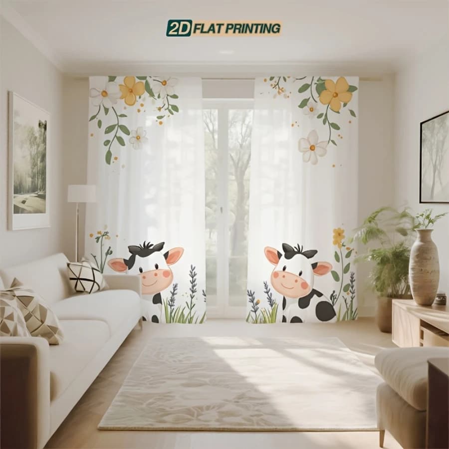 2PCS Digital Print Sheer Curtains, Flower Field Cow Pattern, Cute Cartoon Farm Style for Kids Bedroom Nursery Window Decor