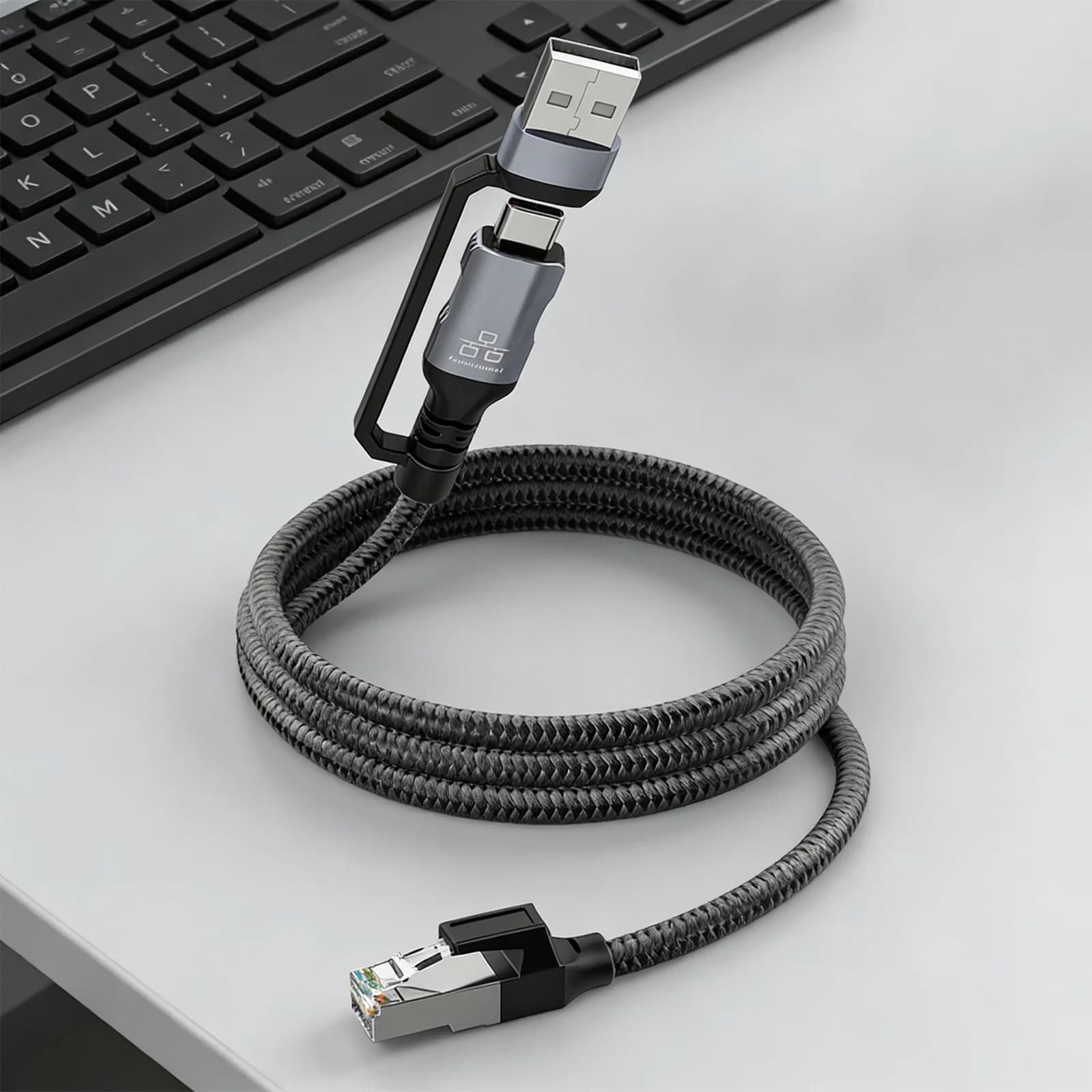 USB Type-C cable to RJ45 from 1.8 m, USB+Type C Ethernet adapter for MacBook Pro, iPad Pro, smartphone, laptop, PC