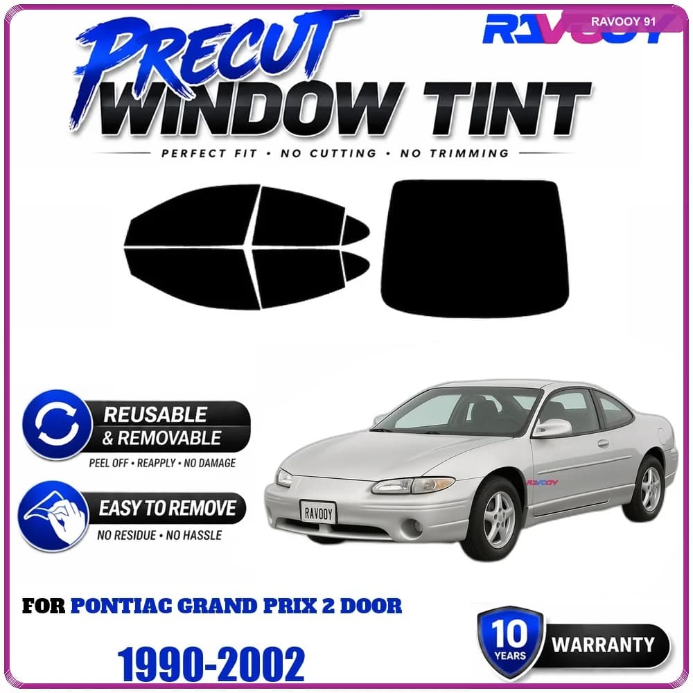 RAVOOY Precut Window Tint, Reusable Removable EPU Film, Custom Fit for Pontiac Grand Prix 2 Door 1990-2002, UV Heat Protection