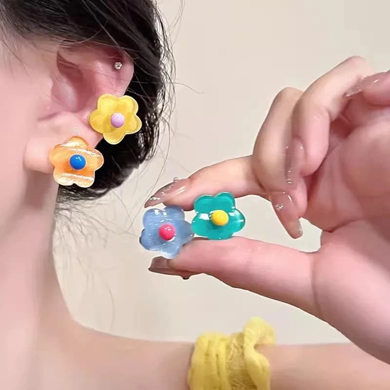 Orecchini a Clip Floreali Colorati Stile Coreano per Donna, Orecchini a Polsino Dolci, Gioielli Estivi di Tendenza, Regalo, Accessori Y2K per Feste