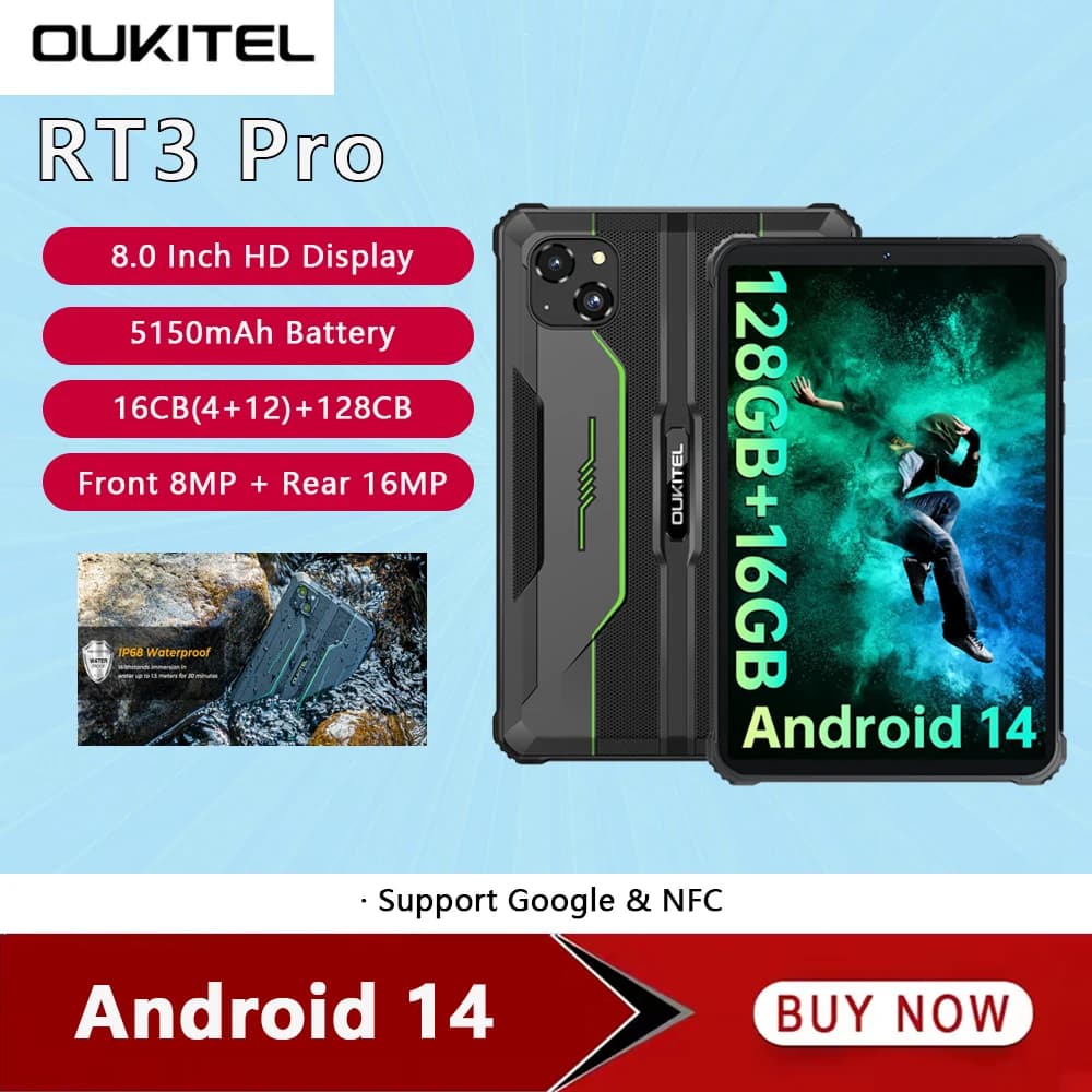 Oukitel RT3 PRO 4G Tablet robusto 8 pollici HD 4GB 128GB Smart Pad 5150mAh 16MP IP68 e IP69K Tablet impermeabili PC Android 14 NFC