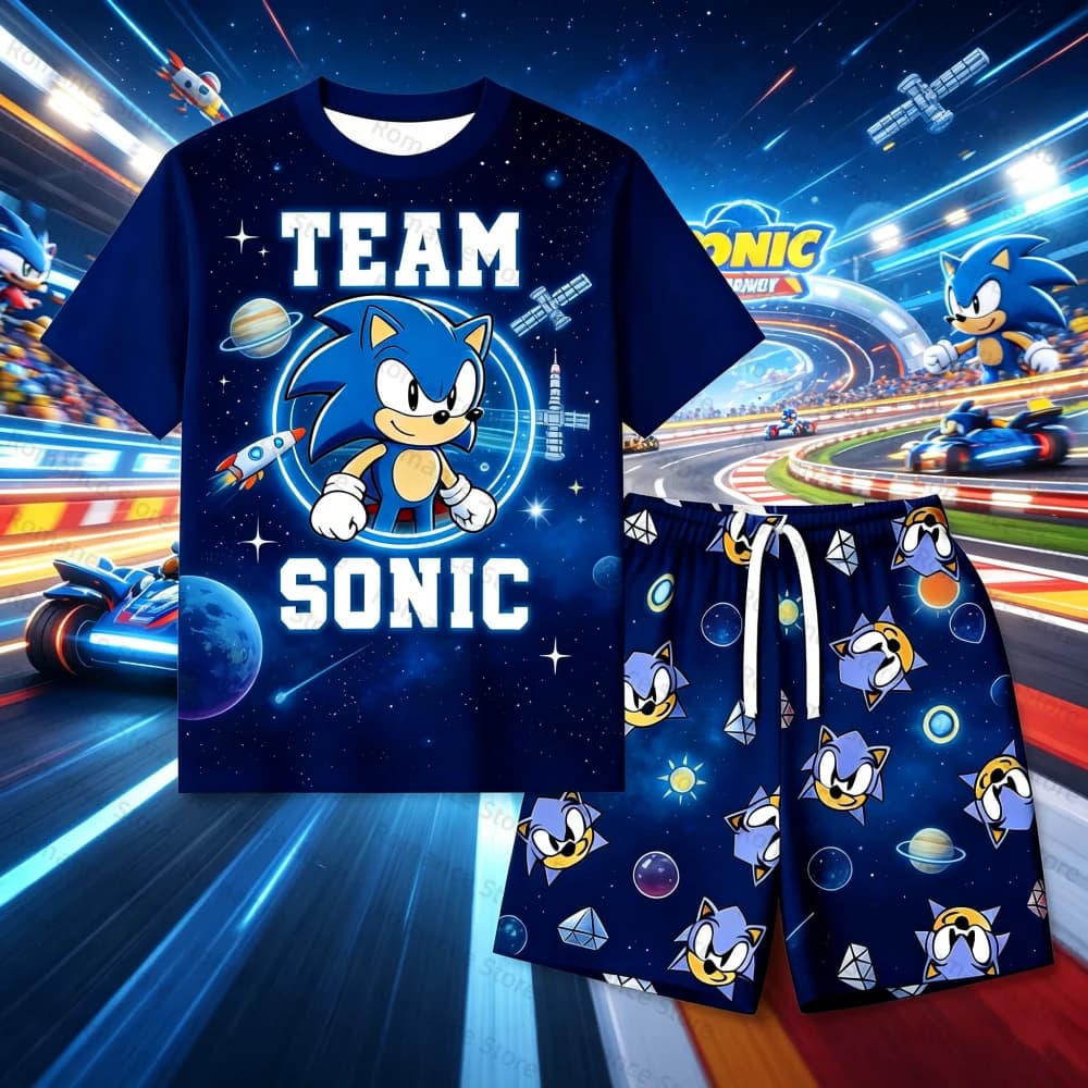 Set 2 Pezzi Sonic the Hedgehog: T-Shirt e Pantaloncini per Ragazzi, Abbigliamento Estivo Casual con Cartoni Animati, T-Shirt per Donne e Adulti